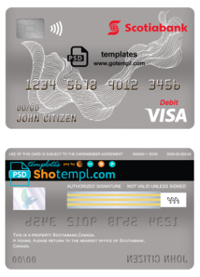 editable template, Canada Scotiabank bank visa card debit card template in PSD format, fully editable