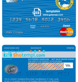 editable template, Barbados Caribbean Development Bank mastercard debit card template in PSD format, fully editable