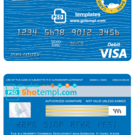 editable template, Barbados Caribbean Development Bank visa card debit card template in PSD format, fully editable