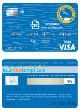 editable template, Barbados Caribbean Development Bank visa card debit card template in PSD format, fully editable