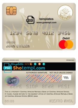 editable template, Central African Republic Bank of Central African States (BEAC) bank mastercard debit card template in PSD format, fully editable