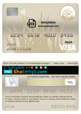 editable template, Central African Republic Bank of Central African States (BEAC) bank visa card debit card template in PSD format, fully editable