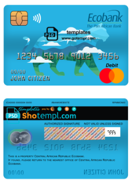 editable template, Central African Republic Ecobank mastercard debit card template in PSD format, fully editable