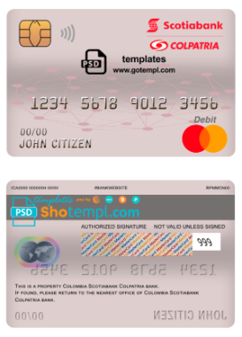 editable template, Colombia Scotiabank Colpatria bank mastercard debit card template in PSD format, fully editable
