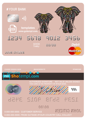 editable template, # colored elephant multipurpose bank mastercard debit credit card template in PSD format, fully editable