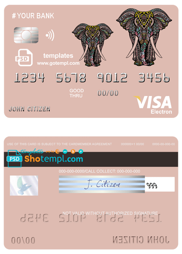 editable template, # colored elephant universal multipurpose bank visa electron credit card template in PSD format, fully editable