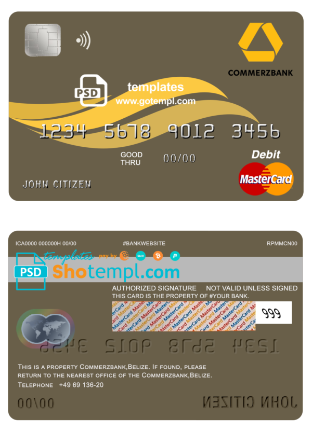 editable template, Belize Commerzbank mastercard debit card template in PSD format, fully editable