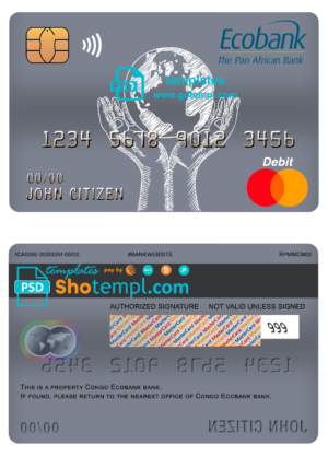 Congo Ecobank bank mastercard debit card template in PSD format, fully editable