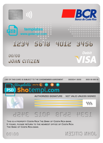editable template, Costa Rica The Bank of Costa Rica bank visa card debit card template in PSD format, fully editable