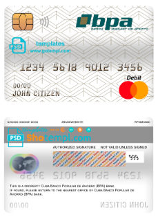editable template, Cuba Banco Popular de Ahorro (BPA) bank mastercard debit card template in PSD format, fully editable