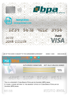 editable template, Cuba Banco Popular de Ahorro (BPA) bank visa card debit card template in PSD format, fully editable