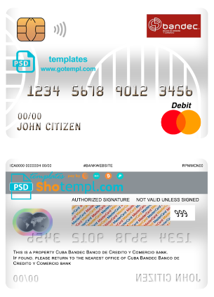editable template, Cuba Bandec Banco de Credito y Comercio bank mastercard debit card template in PSD format, fully editable