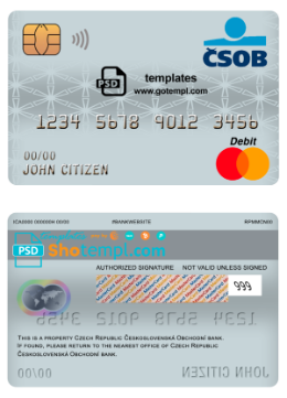 editable template, Czech Republic Československá Obchodní bank mastercard debit card template in PSD format, fully editable