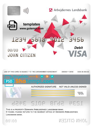 editable template, Denmark Arbejdernes Landsbank visa card debit card template in PSD format, fully editable
