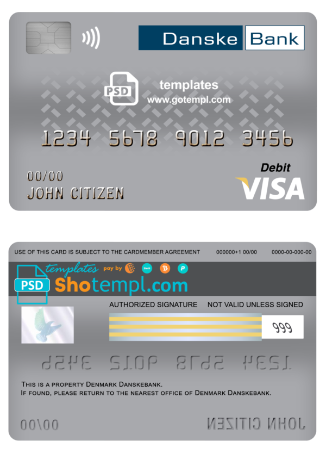 editable template, Denmark Danskebank bank visa card debit card template in PSD format, fully editable