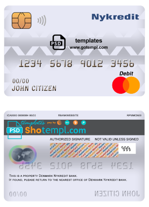 editable template, Denmark Nykredit bank mastercard debit card template in PSD format, fully editable