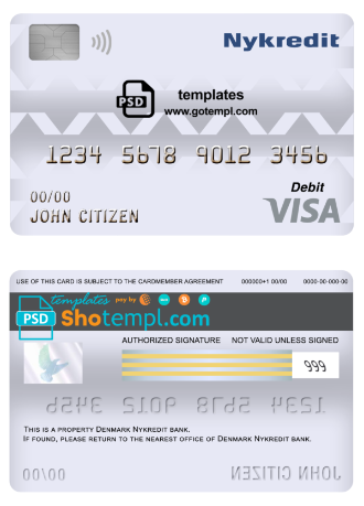 editable template, Denmark Nykredit bank visa card debit card template in PSD format, fully editable
