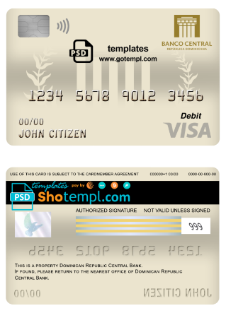 editable template, Dominican Republic Central bank Of the Dominican Republic visa card debit card template in PSD format, fully editable