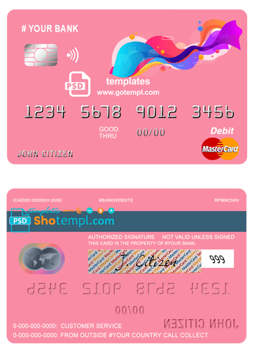 editable template, # draw colorful universal multipurpose bank mastercard debit credit card template in PSD format, fully editable