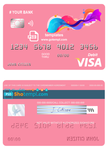 editable template, # draw colorful universal multipurpose bank visa credit card template in PSD format, fully editable