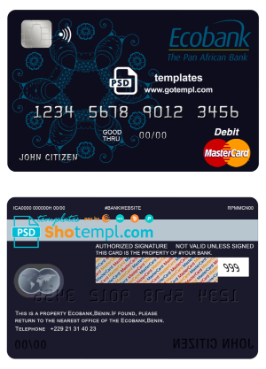 editable template, Benin Ecobank mastercard debit card template in PSD format, fully editable