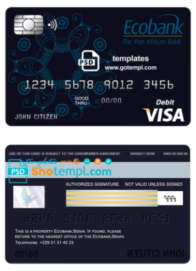 editable template, Benin Ecobank visa card debit card template in PSD format, fully editable