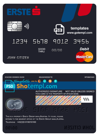 editable template, Austria Erste Group bank mastercard debit card template in PSD format, fully editable