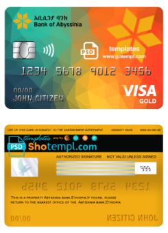 editable template, Ethiopia Bank of Abyssinia bank visa gold card template in PSD format, fully editable