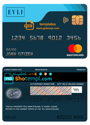 editable template, Finland Evli bank mastercard template in PSD format, fully editable