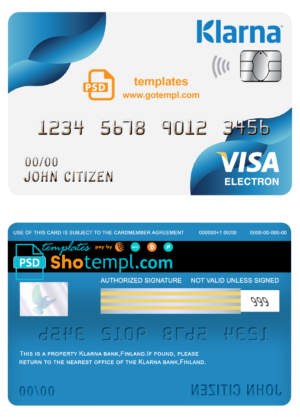 Finland Klarna bank visa electorn card template in PSD format, fully editable