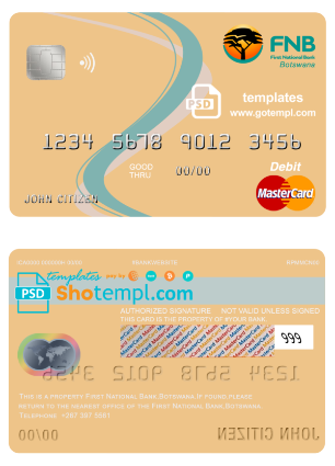 editable template, Botswana First National Bank mastercard debit card template in PSD format, fully editable