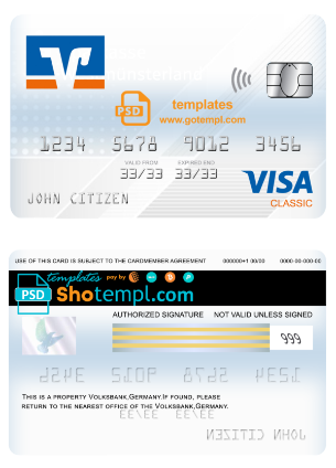 editable template, Germany Volksbank Jever bank visa classic card template in PSD format, fully editable