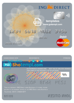 editable template, Australia ING Direct bank mastercard debit card template in PSD format, fully editable