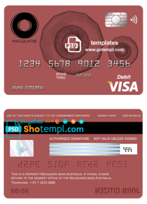 editable template, Australia Macquarie bank visa card debit card template in PSD format, fully editable