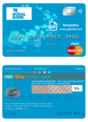 Australia Rural Bank mastercard debit card template in PSD format, fully editable