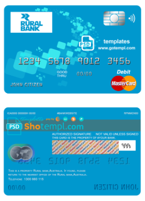 editable template, Australia Rural Bank mastercard debit card template in PSD format, fully editable