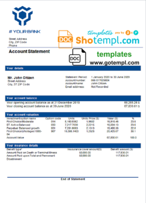 # blue range universal multipurpose bank statement template in Word format