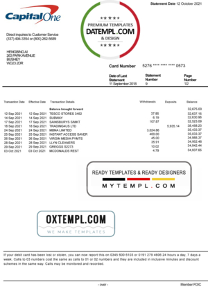 USA Capital One bank statement template, fully editable in PSD format, version 2
