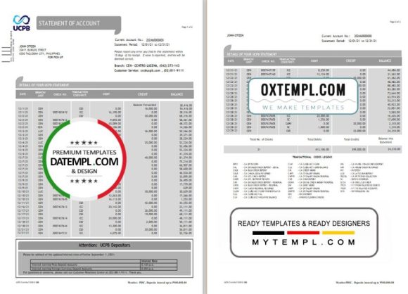editable template, Philippines UCPB bank statement of account template in Word and PDF format