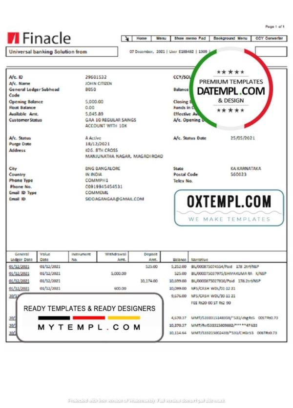 editable template, India Finacle bank statement easy to fill template in Word and PDF format