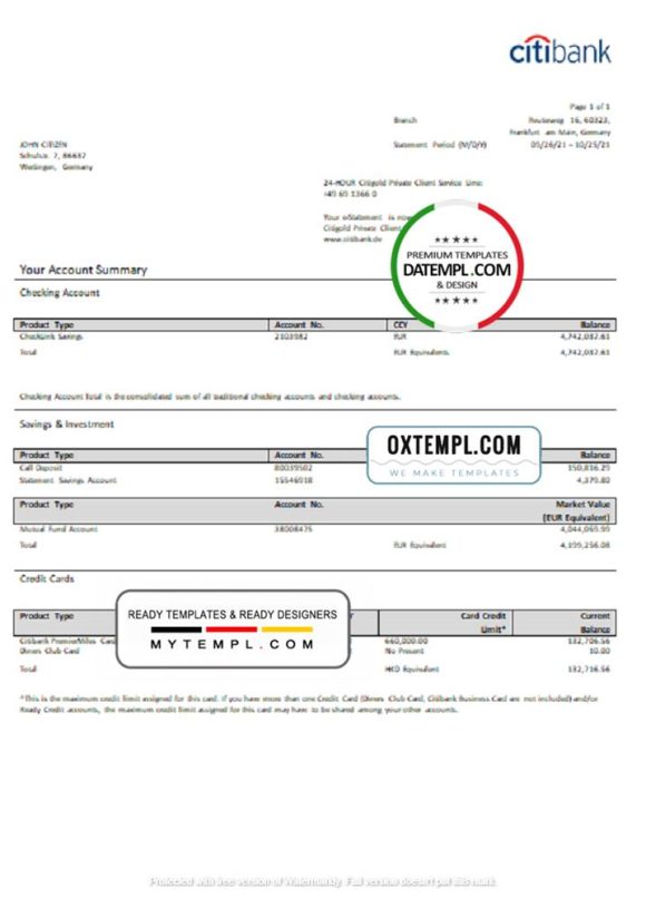 editable template, Germany Citibank bank account statement template in Word and PDF format