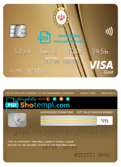 editable template, Iran Melli bank visa gold card, fully editable template in PSD format