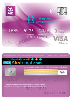 editable template, Ireland AIB bank visa classic card, fully editable template in PSD format