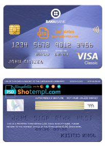 editable template, Kyrgyzstan OJSC Bakai bank visa classic card, fully editable template in PSD format