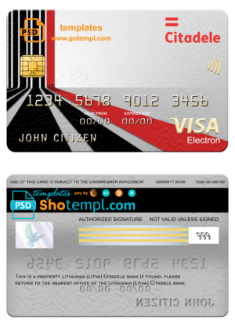 Lithuania (Litva) Citadele bank visa electron card, fully editable template in PSD format