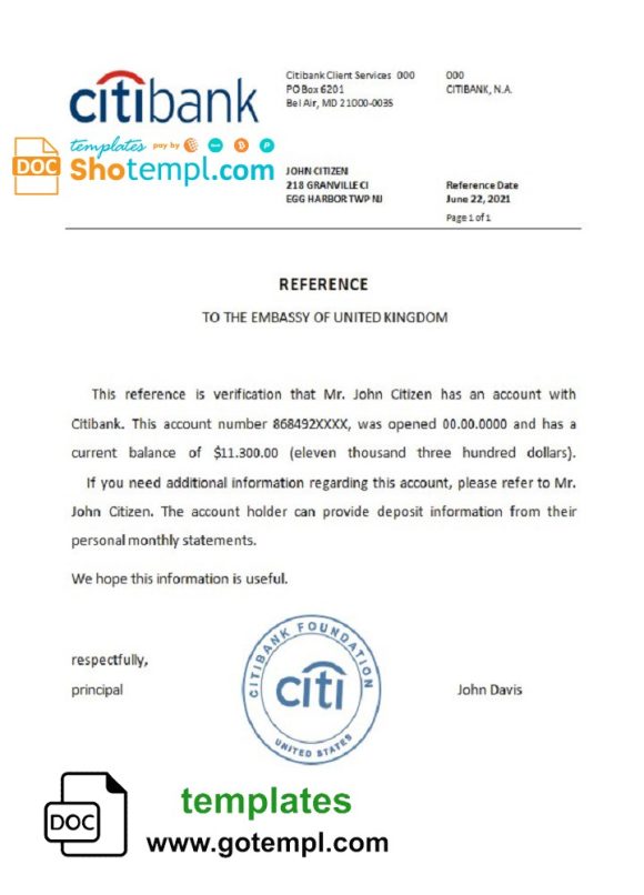 editable template, USA Citibank bank account reference letter template in Word and PDF format