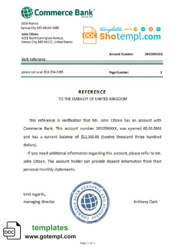 editable template, USA Commerce Bank bank account reference letter template in Word and PDF format