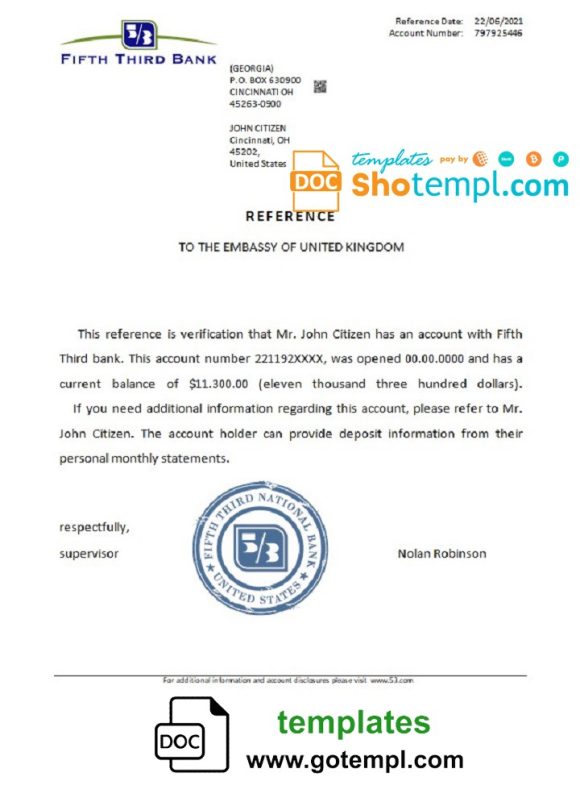 editable template, USA Fifth Third Bank bank account reference letter template in Word and PDF format