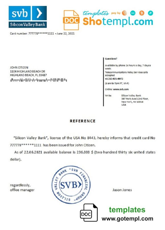 editable template, USA Silicon Valley Bank bank account reference letter template in Word and PDF format