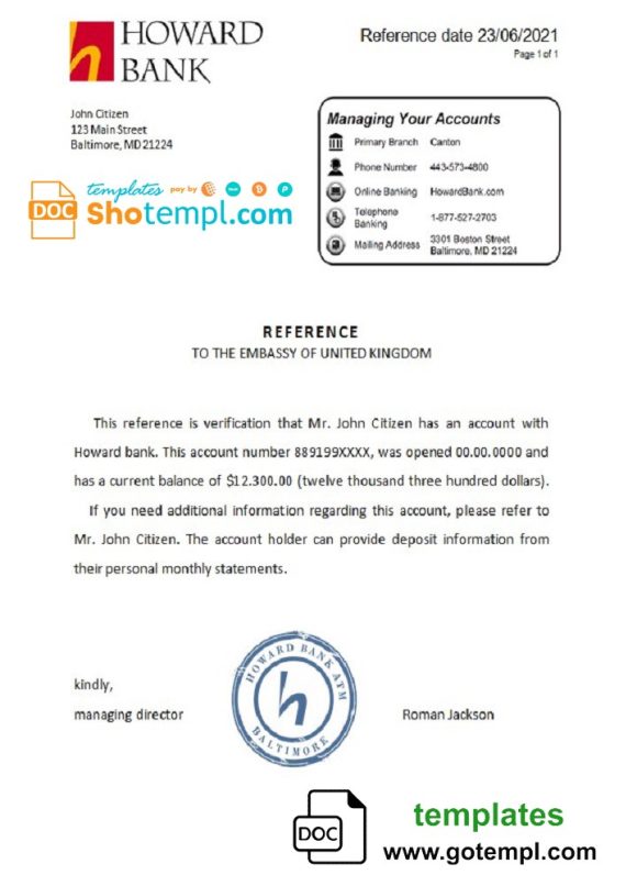 editable template, USA Howard Bank bank account reference letter template in Word and PDF format